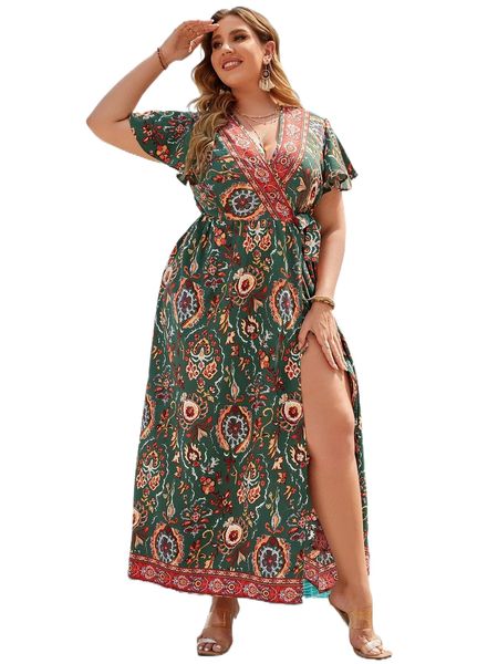 

plus all over print tie side wrap dress y6bu#, Black