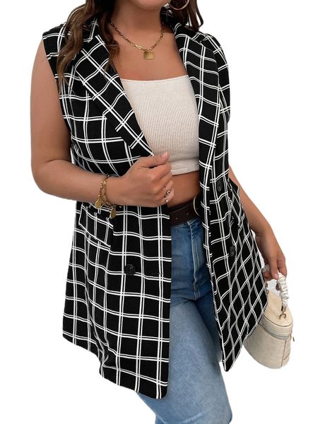 

plus plaid print double breasted blazer vest w74m#, Black