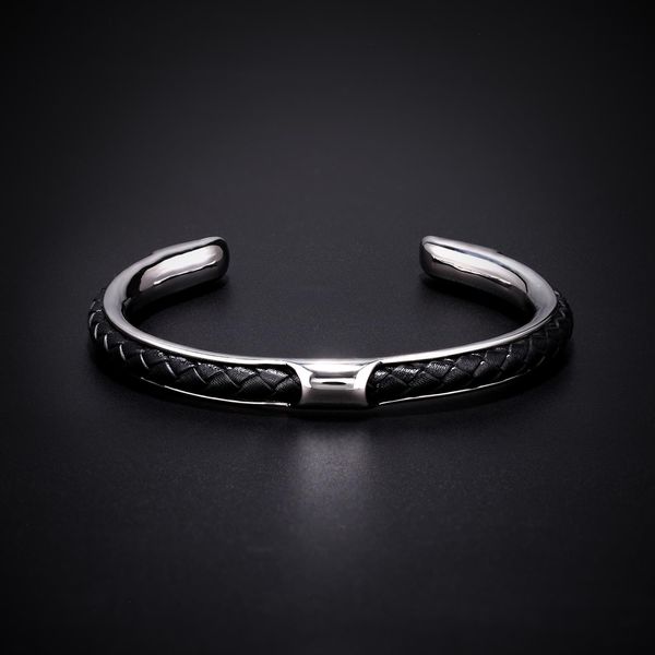 

charm male hand woven leather strand bracelet black metal stainless