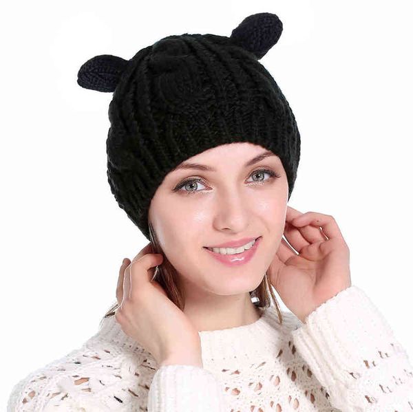 

beanie skull caps autumn and winter wool hat cat ear women's twist beret warm knitted 220825, Blue;gray