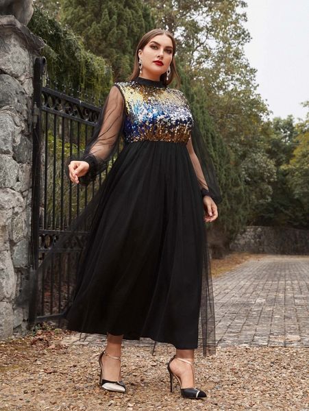 

plus sheer lantern sleeve sequin bodice mesh dress 68pa#, Black