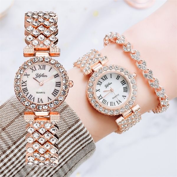 

luxury women rose gold watch fashion ladies quartz diamond wristwatch elegant female bracelet watches 2pcs set reloj mujer 220622, Slivery;brown