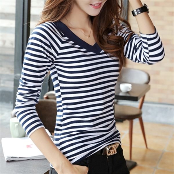 

t shirt women four seasons shirts long sleeve tshirt striped female t-shirt women's tee shirt fashion femme 210312, White