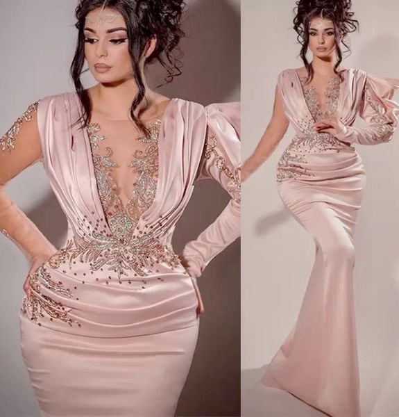 Plus Size Arabo Aso Ebi Sirena Collo trasparente Abiti da ballo Cristalli con perline Pizzo Serata formale Festa Secondo ricevimento Abiti da damigella d'onore Abito