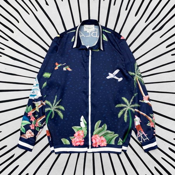 Hochwertige Herren- und Damen-Freizeithemden von Tide Brand Casablanca, neue bedruckte Seidensatin-Hawaiian-Langarm-Paarmode, dünne Jacke 558