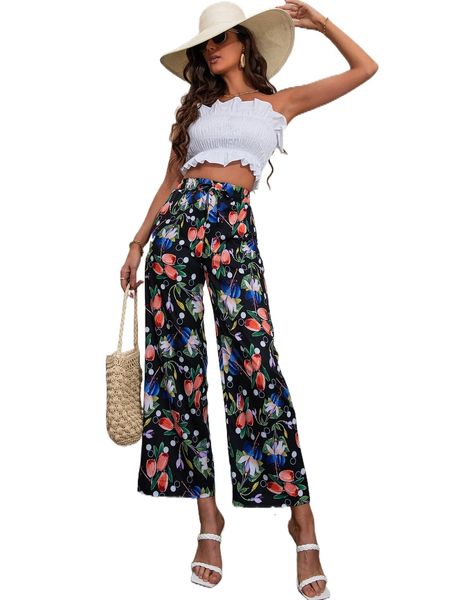 

floral print tie waist pants 70z7#, Black;white