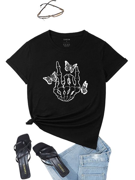 

skeleton hand & butterfly print tee 76hp#, White