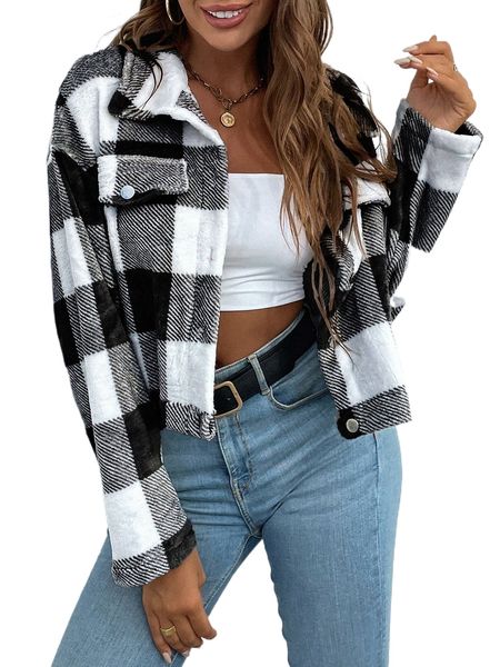 

buffalo plaid pattern drop shoulder crop flannel jacket h1ry#, Black;brown