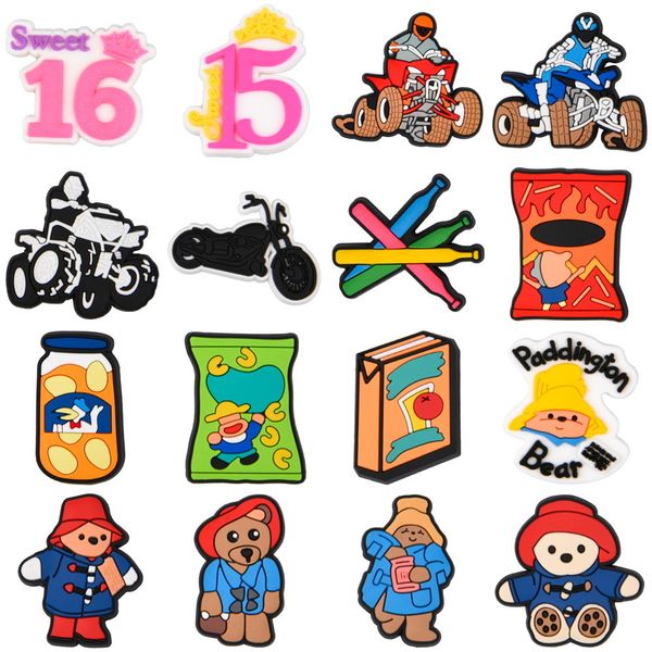 

new mexico snack gun stranger things rock motorcycle pvc croc shoe charm for kids ready to ship bear, White;pink