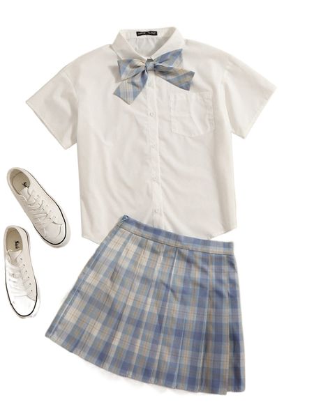 

button front blouse with plaid print bow i6ew#, White