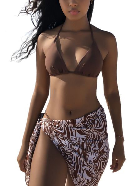 

fluid halter triangle thong bikini swimsuit with beach skirt 07av#, White;black