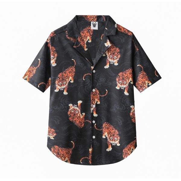 

european and american men's wear summer 2022 new short-sleeved suit collar single breasted tiger print fashion shirt, White;black