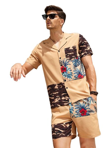 

men camo & tropical print patched pocket shirt & shorts l5gf#, Gray