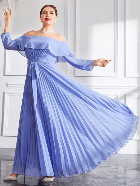 

plus ruffle trim cold shoulder pleated hem belted prom dress 52ly#, Black