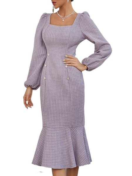 

tweed square neck puff sleeve mermaid dress i67w#, Black;gray