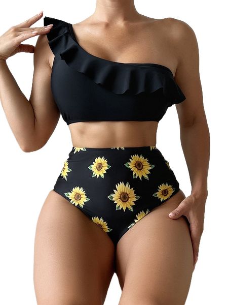 

floral ruffle trim bikini swimsuit k7p9#, White;black