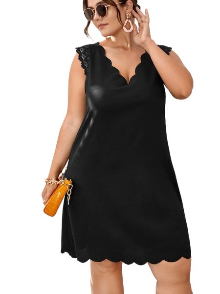 

plus contrast guipure lace scallop trim dress z3jj#, Black