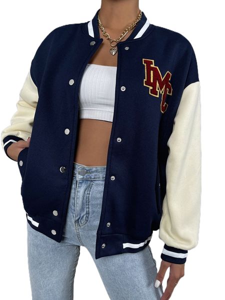 

letter patch detail drop shoulder colorblock bomber jacket 56wx#, Black;brown