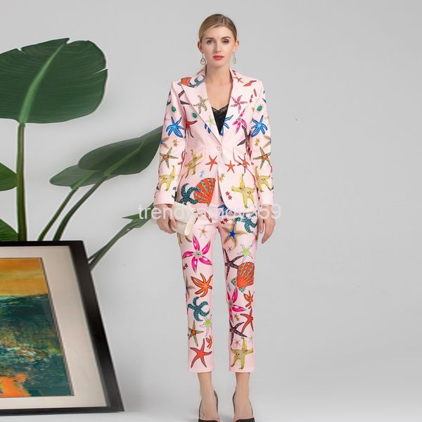 

two piece dress fashion women's suit collar long sleeve printed + pants two piece business, White