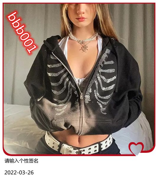 

rhinestone skeleton 2021 summer zip up oversized hoodie goth women grunge hooded jacket streetwear retro sweat, Black