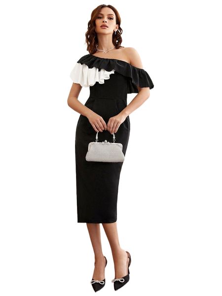 

asymmetrical neck ruffle detail slit hem colorblock dress h6wp#, Black;gray