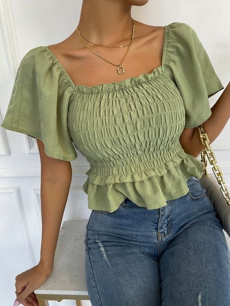 

shirred frill trim ruffle hem n3lb#, White