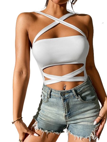 

petite crisscross cut out cami bodysuit h1yh#, White