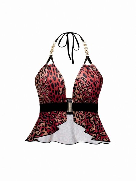 

chain strap tied backless leopard halter b0dj#, White