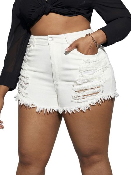 

sxy plus raw hem ripped trim denim shorts e3xm#, White;black