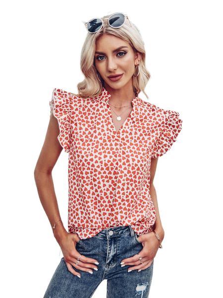 

allover heart print ruffle hem notched neck blouse s30c#, White