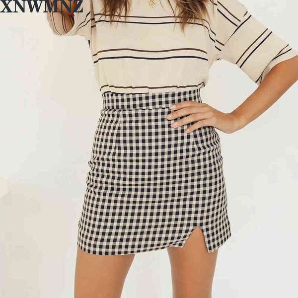 

xnwmnz za harajuku brown black plaid skirts womens streetwear slim tartan women aline skirt high waist split short mini 210513