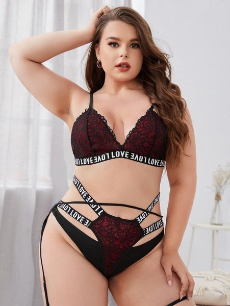 

plus letter tape lace lingerie set & leg rings 19v5#, Black;white