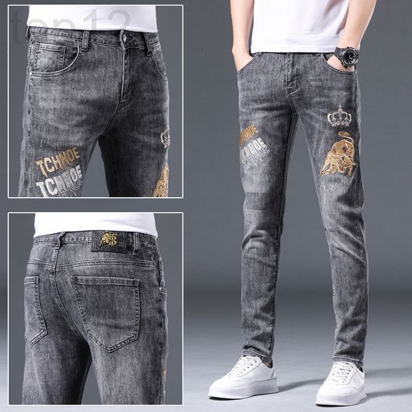 

men's jeans designer spring and autumn new men's jeans light color four seasons slim fit small feet elastic leisure trend embroide, Blue