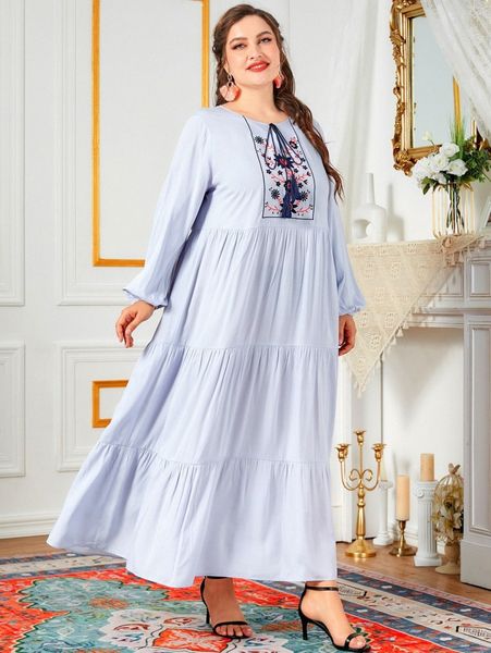 

plus floral embroidered tie neck ruffle hem dress l0e2#, Black