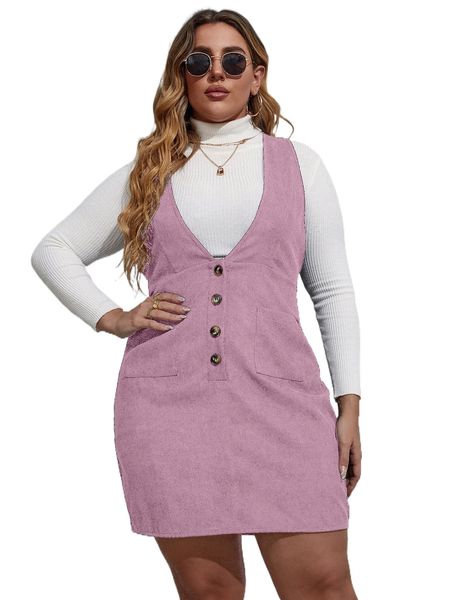 

plus single breasted dual pocket overall dress without sweater z2an#, Black
