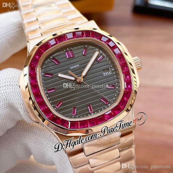

sale 40mm 5711 a21j automatic mens watch rose gold baguette ruby bezel gray texture dial red diamonds stick markers stainless steel bracelet, Slivery;brown