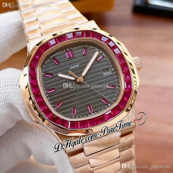 Venda 40mm 5711 A21J Automático assista masculino rosa baguete de ouro rosa moldura de rubi cinza textura diamantes vermelhos marcadores de bastão de aço inoxidável Puretime E217f6