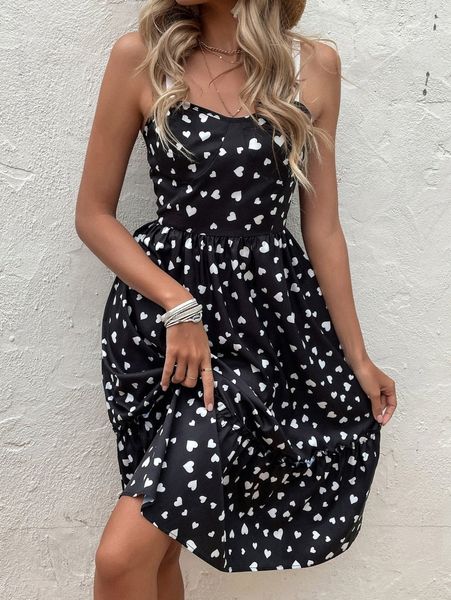 

heart print ruffle hem cami dress c99l#, Black;gray