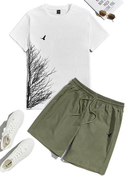 

men plant & bird print tee and drawstring waist shorts y0nb#, Gray