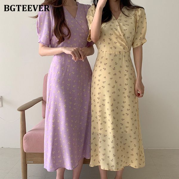 

bgteever vintage v-neck floral print women dress 2021 summer short sleeve slim waist ladies chiffon dress elegant midi vestidos, Black;gray