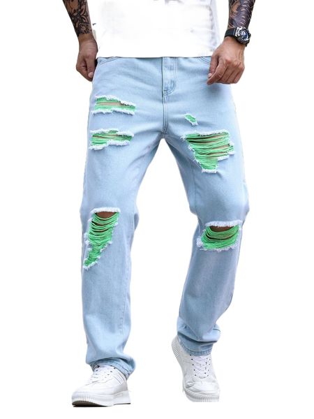 

men ripped frayed straight leg jeans 06on#, Blue