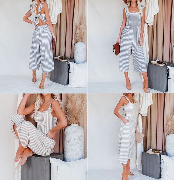 

women's jumpsuits & rompers striped pleated spaghetti strap women's jumpsuit ruffled lace up backless female summer lady causal ro, Black;white