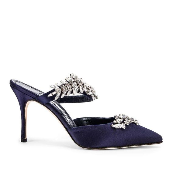 

brand women pump slipper slide sandals strass high heel shoes blahniks lurum 90mm crystal-embellished satin mules pointed toe party wedding, Black