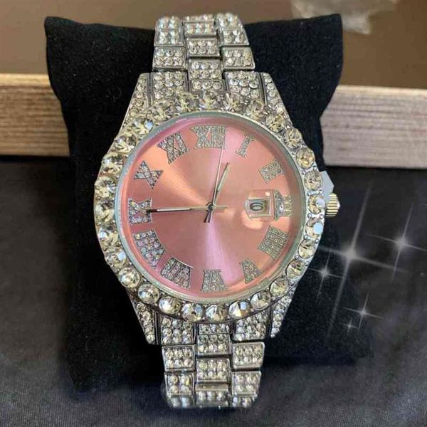 

so cute latt bling pink dial bust down wrist watch of diamond band iced out luxury chain roman gold girls quartz watch320g, Slivery;brown