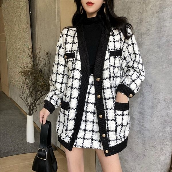 

autumn winter contrast black and white plaid t 2 piece set women loose woolen jacket coat slim short skirt set y200110