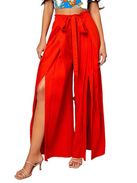 

split thigh knot front paper bag waist wide leg pants v455#, Black;white