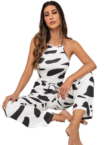 

cow print halter & pants pj set r9ha#, Black;red