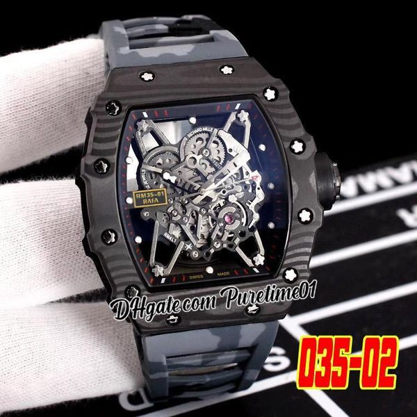 

2022 rafael nadal ntpt carbon fiber case miyota automatic mens watch skeleton dial gray blue camouflage rubber strap watches puretime01 e136, Slivery;brown
