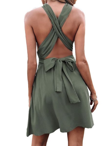 

criss cross tie backless halter dress 78eo#, Black;gray