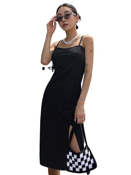 

dazy solid split thigh cami dress x1i3#, Black;gray